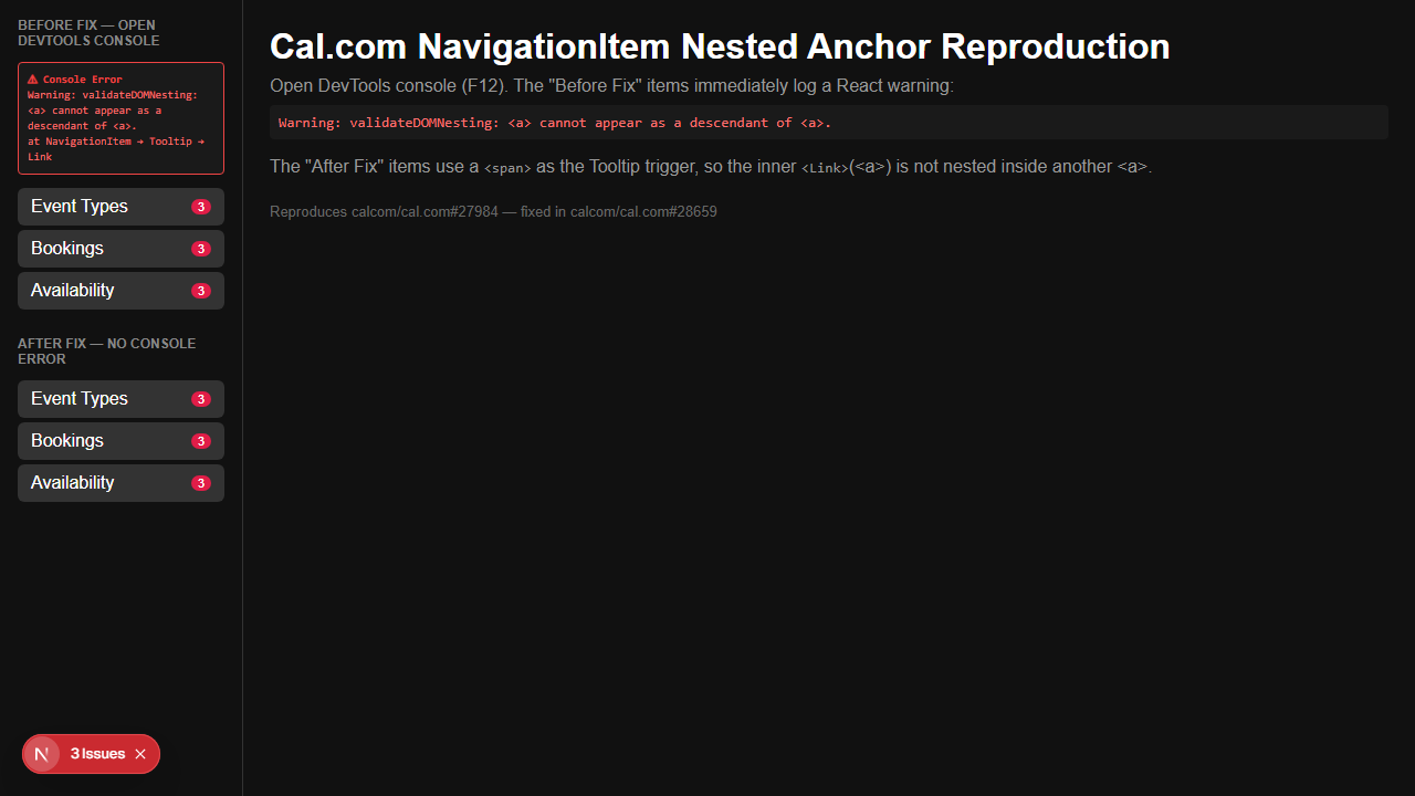 Before fix — console error